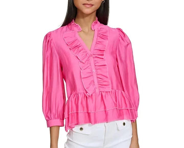 KARL LAGERFELD PARIS Women's Ruffled 3/4-Sleeve Blouse Pink Size L MSRP $99