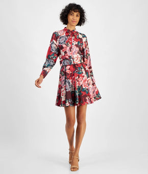 Tahari ASL Petite Floral Button-Trim Belted Long-Sleeve Dress Red Size 4P $159