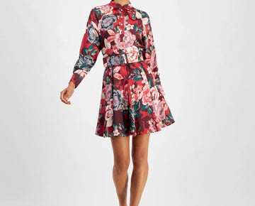 Tahari ASL Petite Floral Button-Trim Belted Long-Sleeve Dress Red Size 4P $159