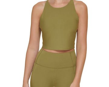 Calvin Klein Women's Low-Impact High-Neck Crop Top Olive Green Size XL MSRP $60