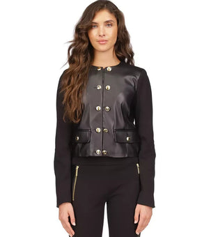 Michael Kors Women's Button-Front Mixed-Media Jacket Black Size P/L MSRP $175