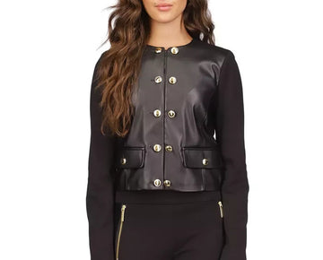 Michael Kors Women's Button-Front Mixed-Media Jacket Black Size P/L MSRP $175