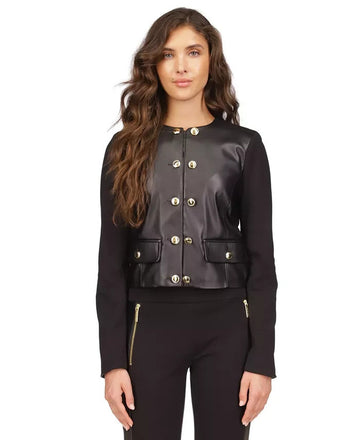 Michael Kors Women's Button-Front Mixed-Media Jacket Black Size P/L MSRP $175