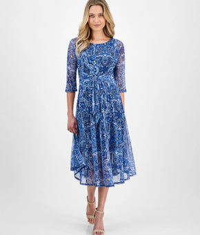 Robbie Bee Women's Floral-Print Tie-Front A-Line polyester Dress Blue Size M $79