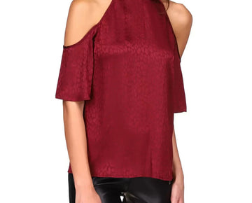 MICHAEL KORS Cold-Shoulder Cheetah-Print Top Wine Red size P/XS MSRP $88