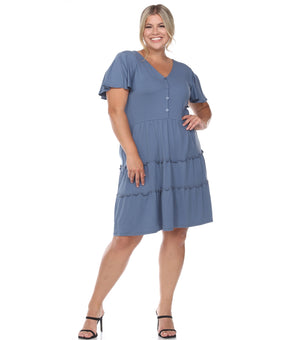 White Mark Women's Plus Size Short Sleeve V-Neck Tiered Dress Size 2X Blue