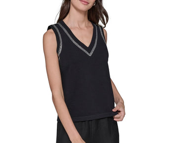 KARL LAGERFELD PARIS Embellished V-Neck Sleeveless Sweater Black Size XL MSRP$89