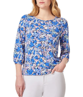 Jones New York Petite Floral-Print 3/4-Sleeve Top Blue Size PL MSRP $60