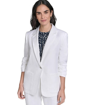 Calvin Klein Ruched 3/4-Sleeve Linen-Blend Blazer White Petite Size 12P $149