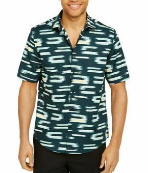 Alfani Mens Classic-Fit Abstract Geo Deep Ocean Green Button Shirt Size L $55