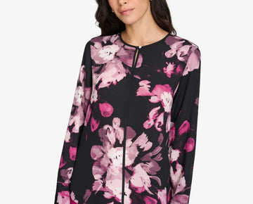 Calvin Klein Petite Keyhole Long-Sleeve Blouse Black Pink Size PM MSRP $89