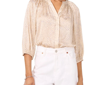 Vince Camuto Women's Printed Split-Neck 3/4 Raglan-Sleeve Top Beige Size S $89