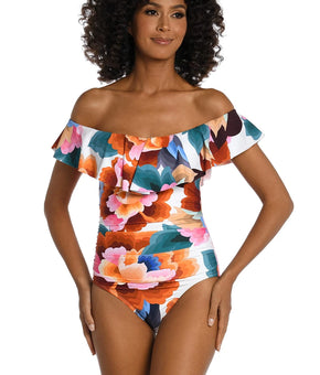 La Blanca Off Shoulder Ruffle One Piece Swimwear Floral Plus Size 20W $135