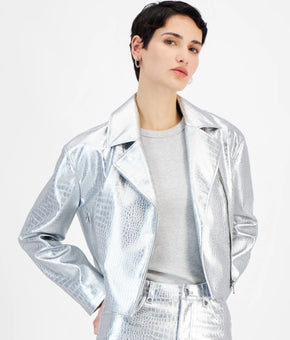 BOSS Orange Women pockets Metallic Croc-Embossed Moto Jacket Silver Size 6 $248