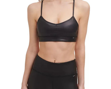 Dkny Sport Women's Faux-Leather Low-Impact Sports Bra Black Size S MSRP $45