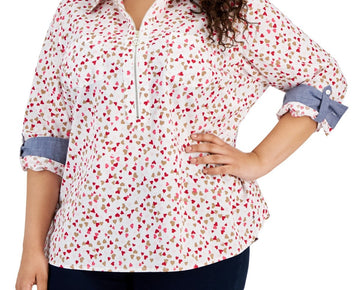 Tommy Hilfiger Confetti-Heart Roll-Tab-Sleeve Cotton Top White Plus Size 2X $80
