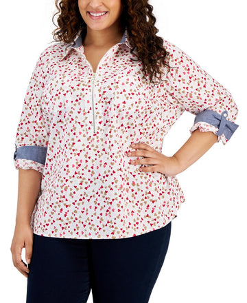 Tommy Hilfiger Confetti-Heart Roll-Tab-Sleeve Cotton Top White Plus Size 2X $80