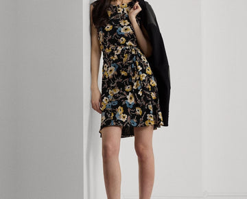 Lauren Ralph Lauren Floral Bubble Crepe Cap-Sleeve Dress $135 Size 14 Black M