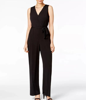 NY COLLECTION Surplice Belted Wide-Leg Jumpsuit Black Petite Size PXS $65