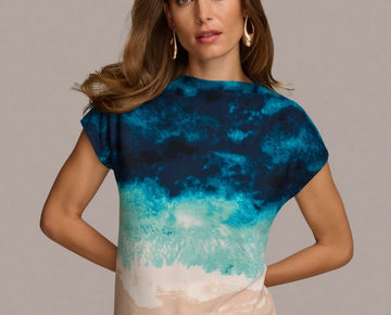 Donna Karan Women's Printed Short-Sleeve Top Blue Size XL MSRP $69