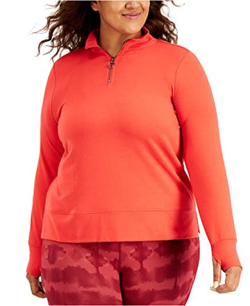 Ideology Womens Red Slitted Ribbed Thumbhole Cuffs Zip Neck Top Plus Size 3X