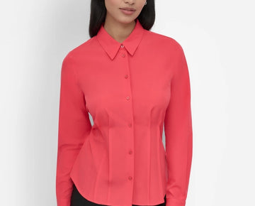 DKNY Women's Button-Front Collared Fitted Blouse Watermelon Red Size XL MSRP $79