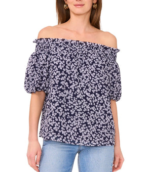 Sam & Jess Womens Printed Smocked Off-The-Shoulder Top Navy Blue Size L MSRP $69