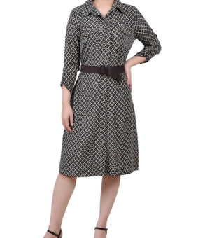 NY Collection Petite 3/4 Roll Tab Sleeve Shirtdress Black Size PXL