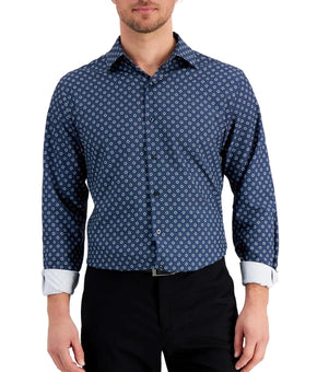 Alfani Dress Shirt Men Blue Slim Fit Stretch Geometric Size 17/17.5 x 36/37 $60