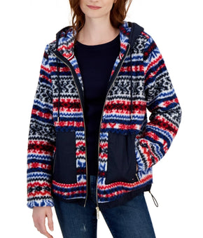 Tommy Hilfiger Women's Hooded Printed Zipper Jacket Blue Red Size M MSRP $120