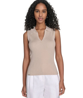 Calvin Klein Womens Sleeveless Collared Rayon V-Neck Top Sand Beige Size XL $69