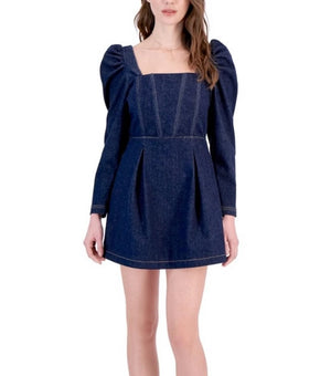 Avec Les Filles Puff Sleeve Cotton Denim A-Line Dress Blue Size S MSRP $89