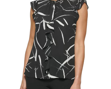 Dkny Petite Women Petite Ruffle Front Blouse Black Size PS MSRP $59
