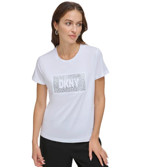 DKNY Women's Studded-Logo Crewneck Short-Sleeve Top White SALE XL