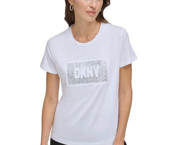 DKNY Women's Studded-Logo Crewneck Short-Sleeve Top White Size XS