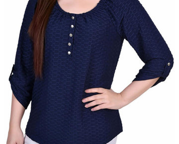 Notations Womens Petites Honeycomb Daytime Blouse Blue Size PL
