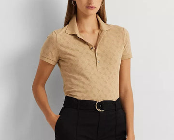 Lauren Ralph Lauren Women's Logo Jacquard Polo Shirt Beige Tan Size L MSRP $115