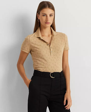 Lauren Ralph Lauren Women's Logo Jacquard Polo Shirt Beige Tan Size L MSRP $115