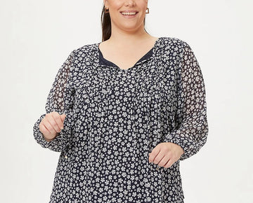 Tommy Hilfiger Plus Size 0X Printed Pintuck Tie-Neck Blouse Navy Blue MSRP $90