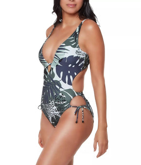 Bar III Printed Side-Tie One-Piece Swimsuit Green Size XS MSRP $88