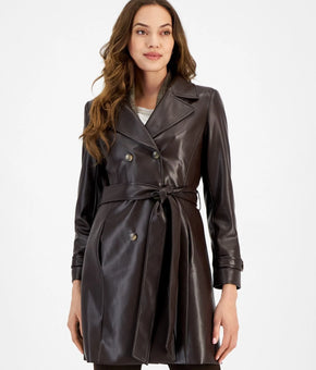 Tahari ASL Women's Faux-Leather Trench Coat Dark Brown Size 16 MSRP $179