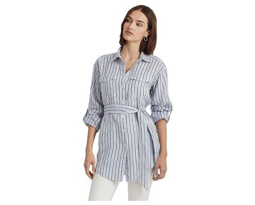 LAUREN Ralph Lauren Striped Belted Linen Shirt Blue White Size XL MSRP $135