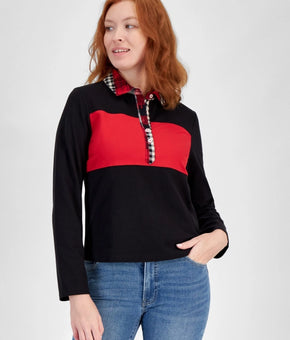 Nautica Jeans Womens Colorblocked Long Sleeve Top Red Black Size L MSRP $70