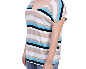 NY Collection Petite Short Sleeve Striped V-neck Top Size PL Turquoise Blue