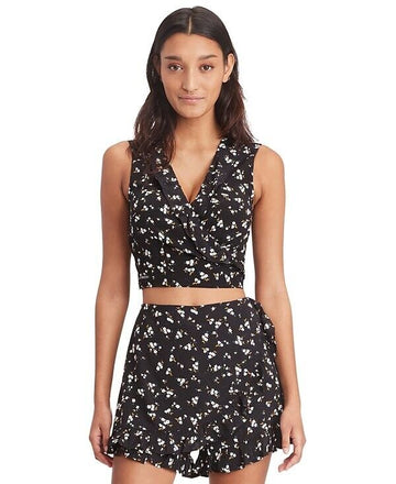 Tommy Jeans Women's Floral-Print Cropped Ruffled Top BLACK Size L MSRP $70