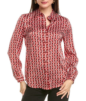 Anne Klein womens Collared Button Front Blouse, Size M Red MSRP $99