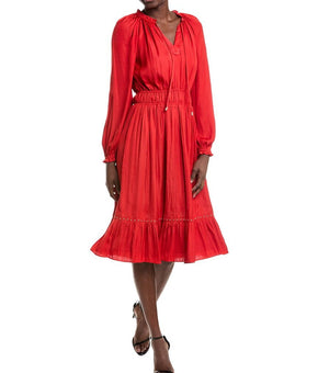 T Tahari NWT Women's Gathered Long Sleeve Midi Red Ruffle Dress Size M $148