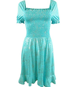 Michae Kors Women's Foil-Print Smocked Peasant Dress Size XL, Green Turquoise)