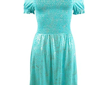 Michae Kors Women's Foil-Print Smocked Peasant Dress Size XL, Green Turquoise)