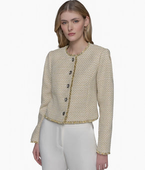 KARL LAGERFELD PARIS Women's Tweed Collarless Jacket Yellow Size 8 MSRP $189
